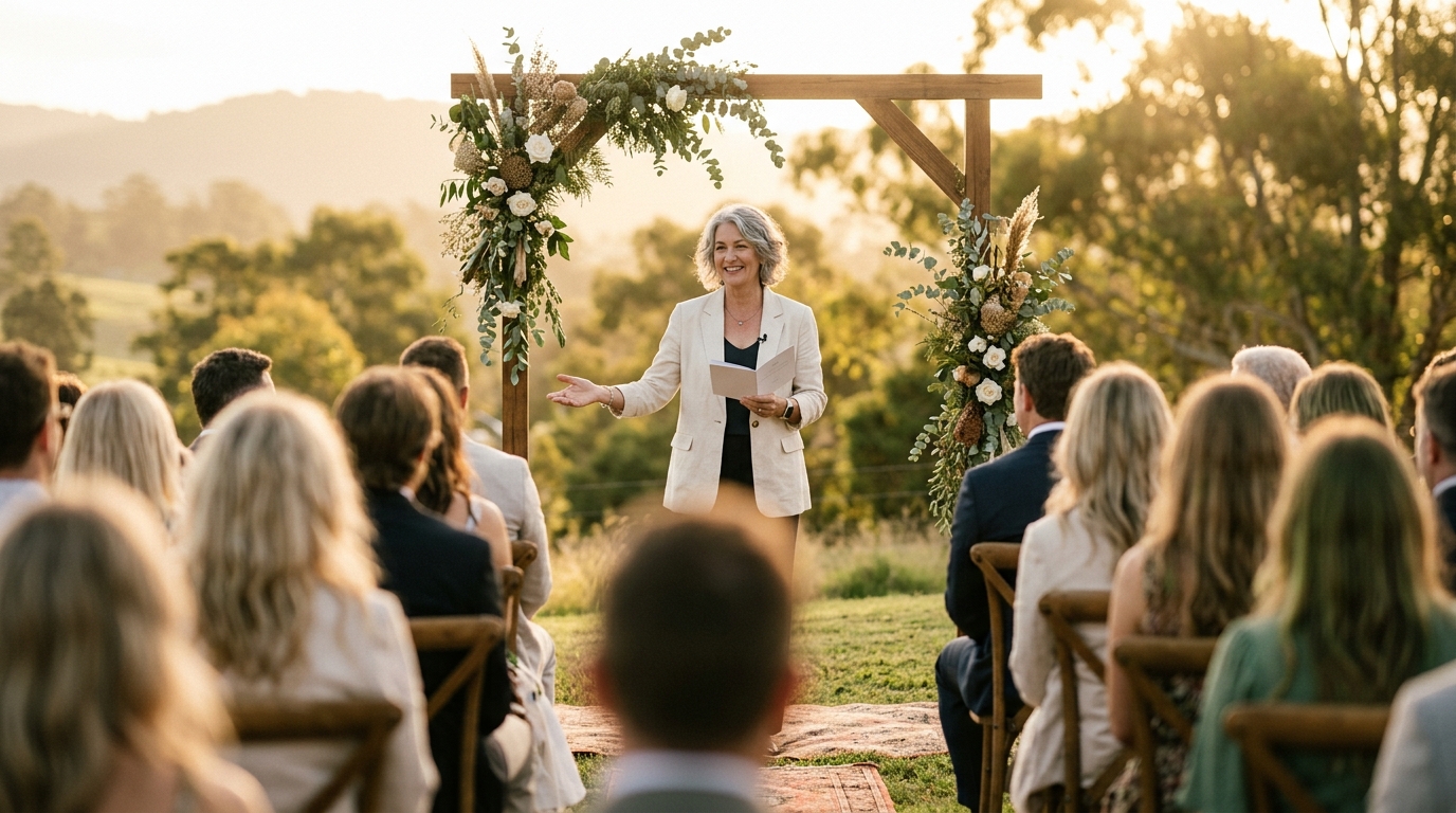 Wedding officiant delivering opening words at outdoor ceremony with golden hour light