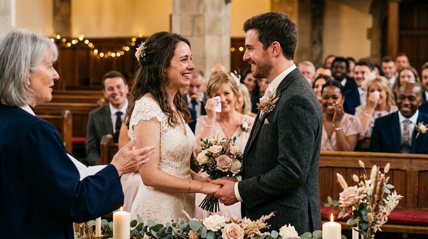Couple holding hands and smiling at the altar while officiant speaks during wedding ceremony