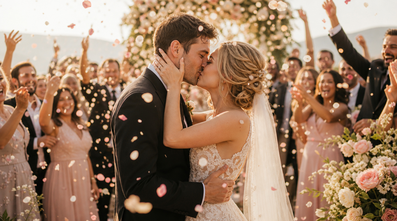 Newlywed couple kissing after the pronouncement while guests celebrate with flower petals
