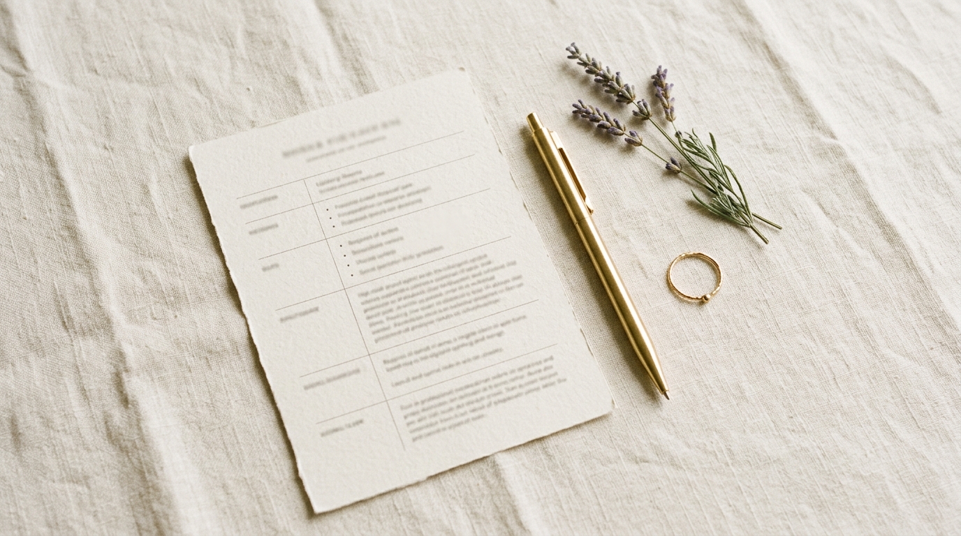 Wedding officiant speech outline printed on elegant card with gold pen and dried lavender