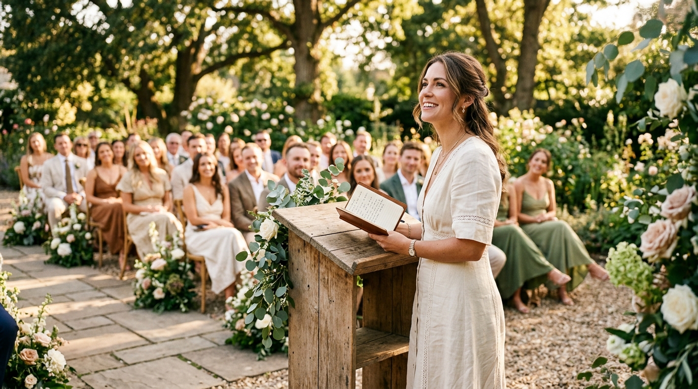 Confident wedding officiant delivering speech at outdoor ceremony with notebook in hand