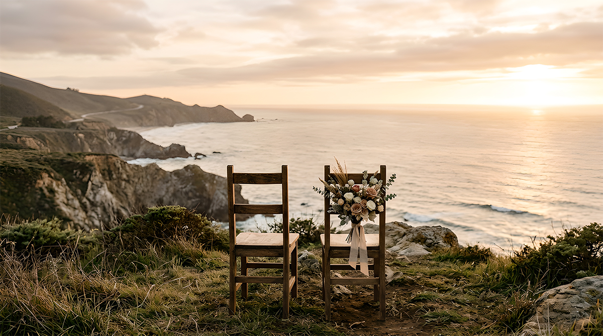 Intimate outdoor elopement ceremony setup at golden hour with wildflowers and ocean view