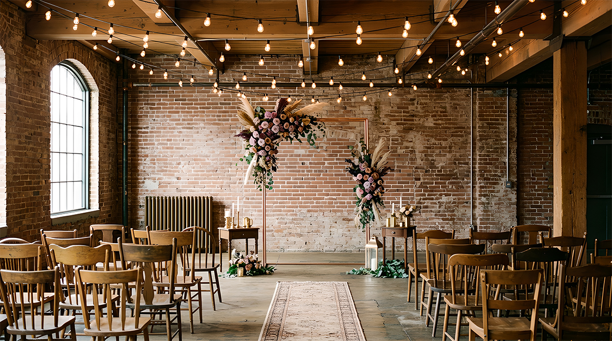 Modern wedding ceremony in industrial loft with string lights and geometric copper arch