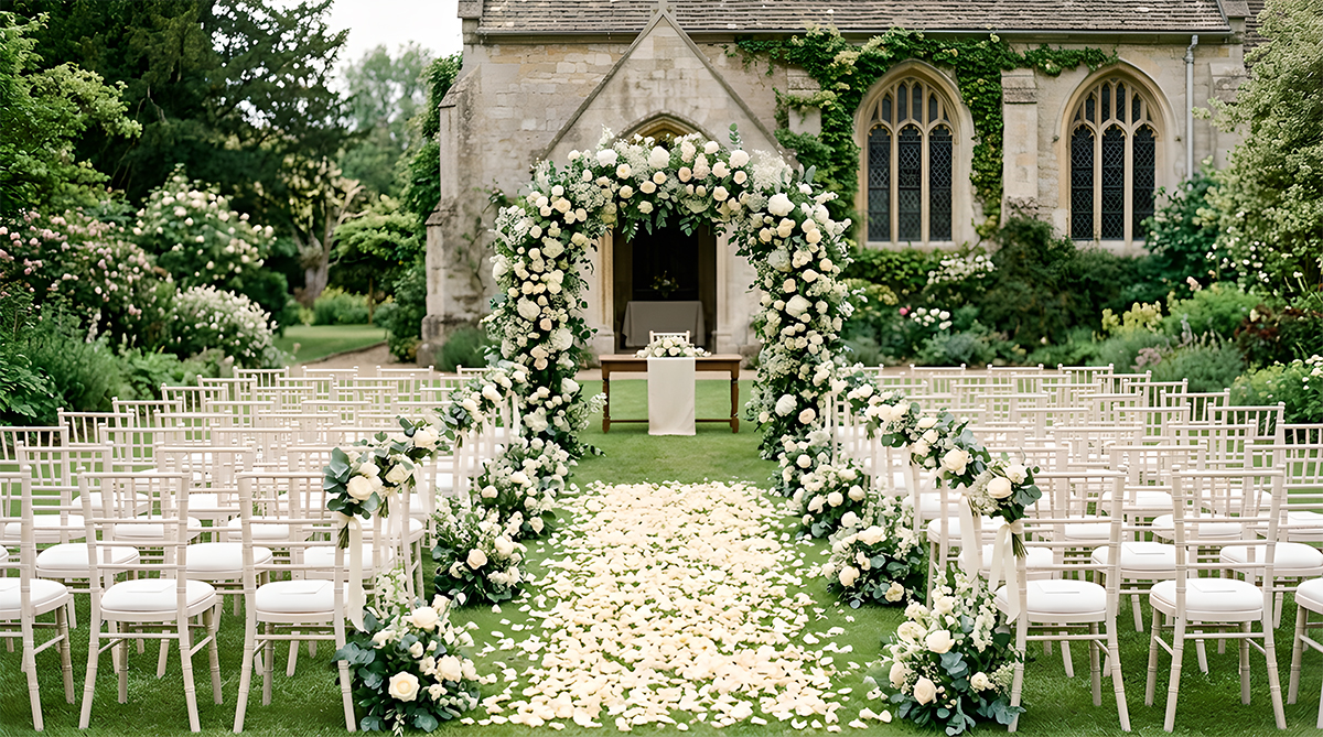 Classic elegant wedding ceremony with white rose floral arch and petals along the aisle