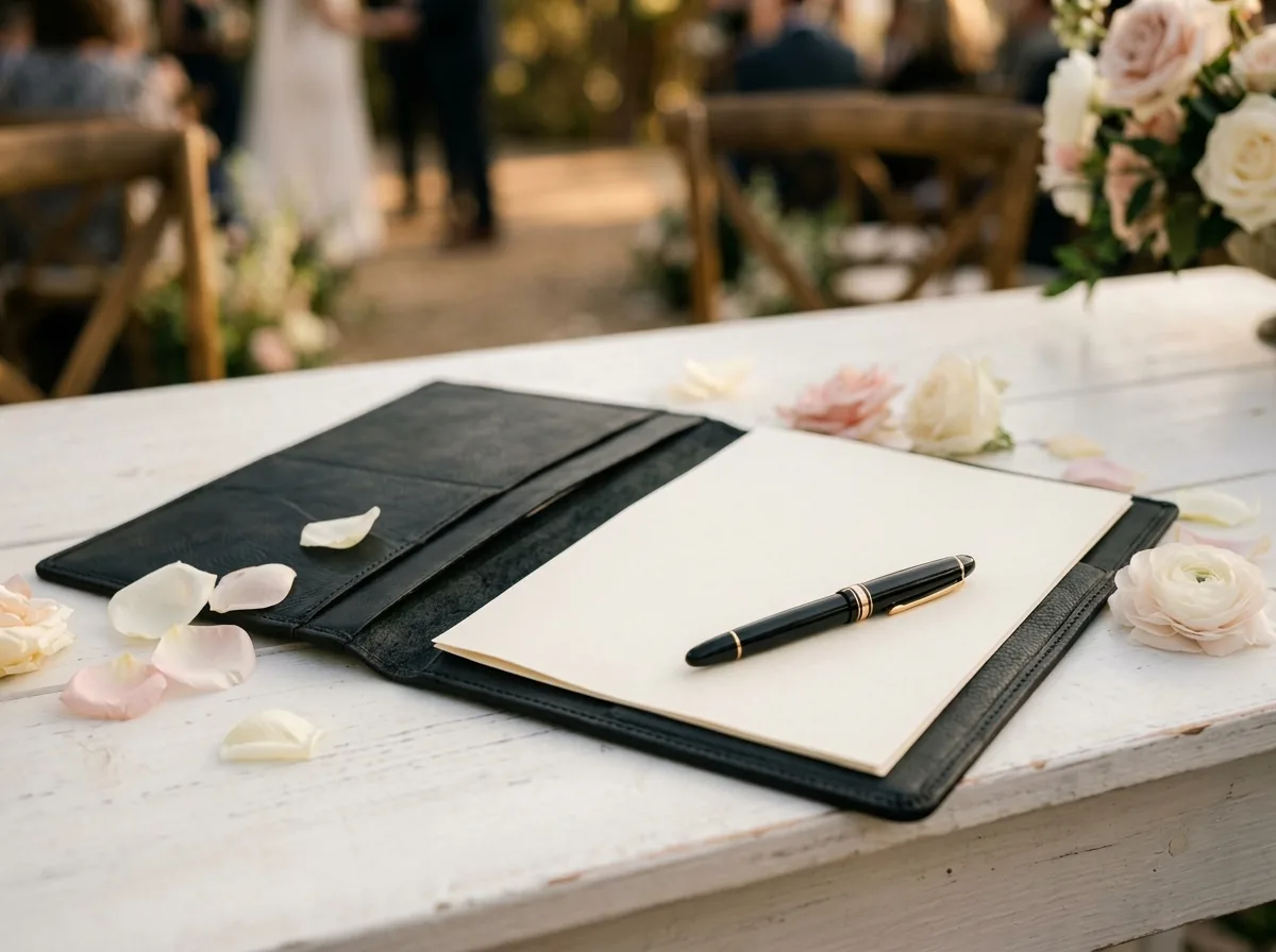 Black leather officiant folio with a ceremony script and a pen on a wedding table