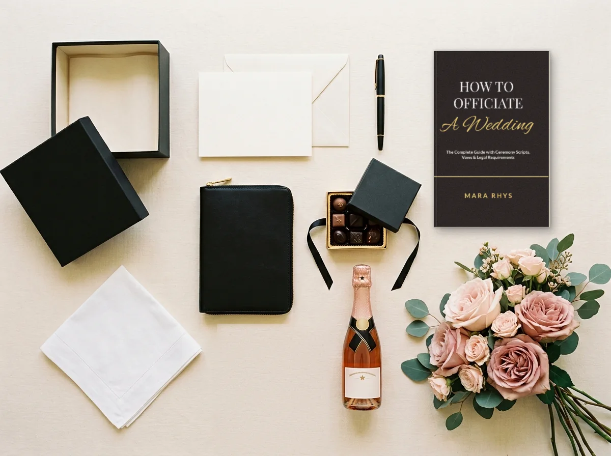 What to put in an officiant proposal box: card, pen, folio, chocolates, champagne, handkerchief and a wedding officiant guide