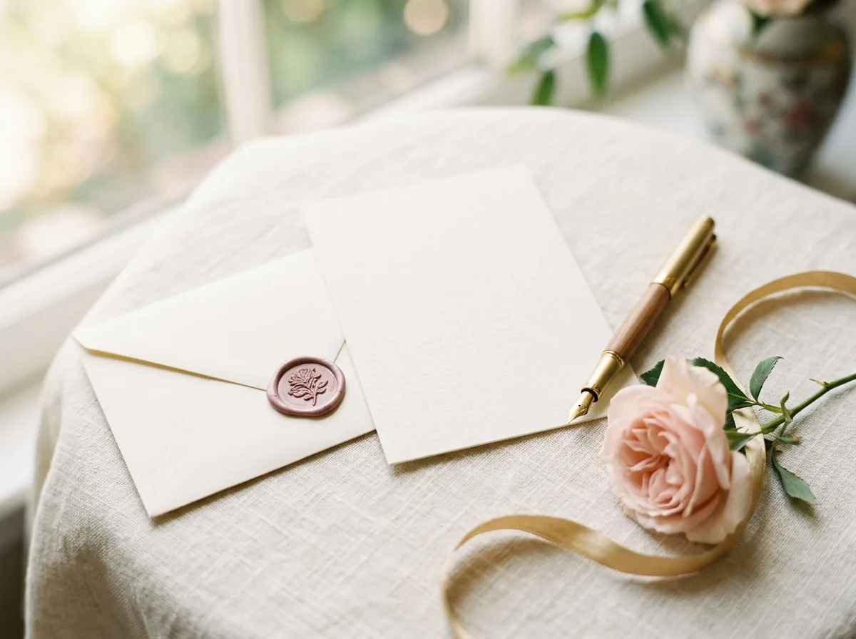 Officiant proposal card with envelope, wax seal and a blush rose